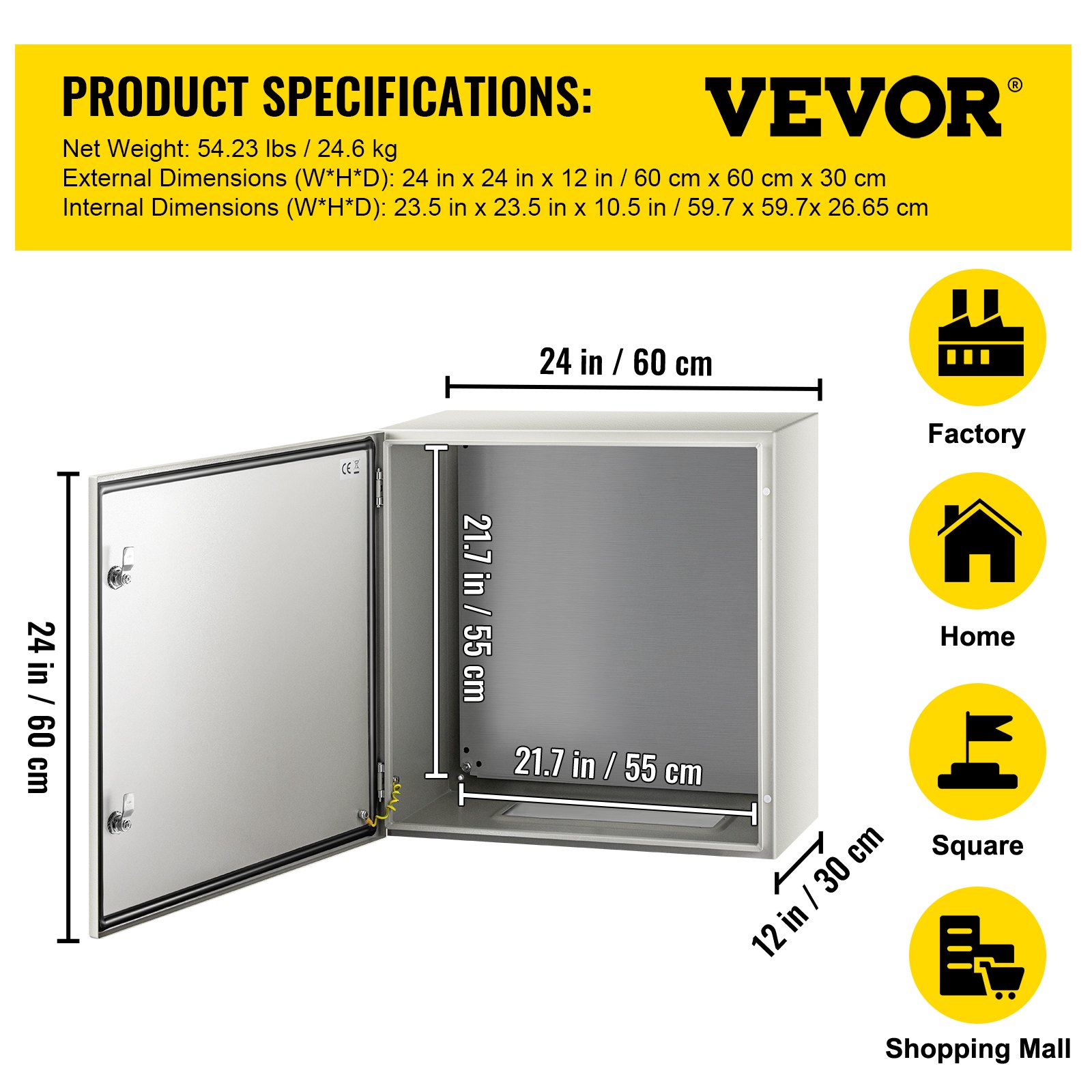 VEVOR NEMA Metal Case, 24x24x12'' NEMA 4X Metal Electric Enclosure, IP66 Water & Dust Resistant, Suitable for Both Outdoor & Indoor Use, Includes Mounting Plate