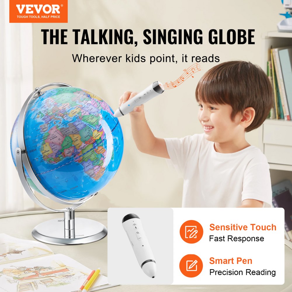 VEVOR Talking World Globe, 9 in/228.6 mm, Interactive Globe for Kids Early Learning Teaching, Educational Globe with Smart Talking Pen LED Night Light USB Interface, Gifts for Children Boys & Girls (Map Language: English)