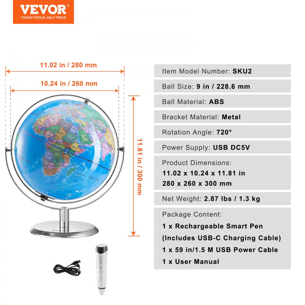 VEVOR Talking World Globe, 9 in/228.6 mm, Interactive Globe for Kids Early Learning Teaching, Educational Globe with Smart Talking Pen LED Night Light USB Interface, Gifts for Children Boys & Girls (Map Language: English)