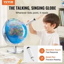 VEVOR Globo terráqueo Parlante, 9 in/228,6 mm, Globo Interactivo para Enseñanza de Aprendizaje Temprano de Niños, Globo Educativo con Bolígrafo Parlante Inteligente Luz Nocturna LED Interfaz USB, Regalos para Niños y Niñas