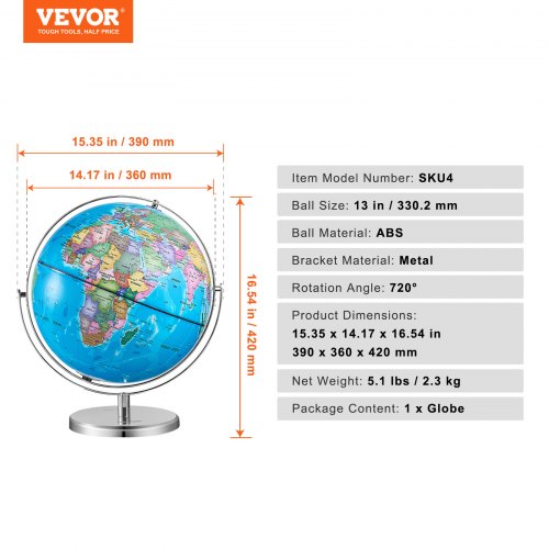 VEVOR Mappamondo Girevole 13 Pollici (330,2 Mm) Con Base Stabile E Fuso Orario – Globo Educativo In ABS, Rotazione 720°, Mappa Aggiornata Con Confini Nazionali E Capitali, Per Bambini E Scuole