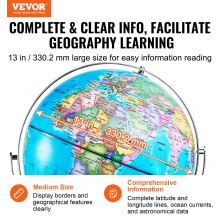 VEVOR Rotating World Globe med stativ, 13 tommer/330,2 mm, undervisningsgeografisk jordklode med præcis tidszone ABS-materiale, 720° roterende jordklode til børn Børn lærer geografi i klasseværelset