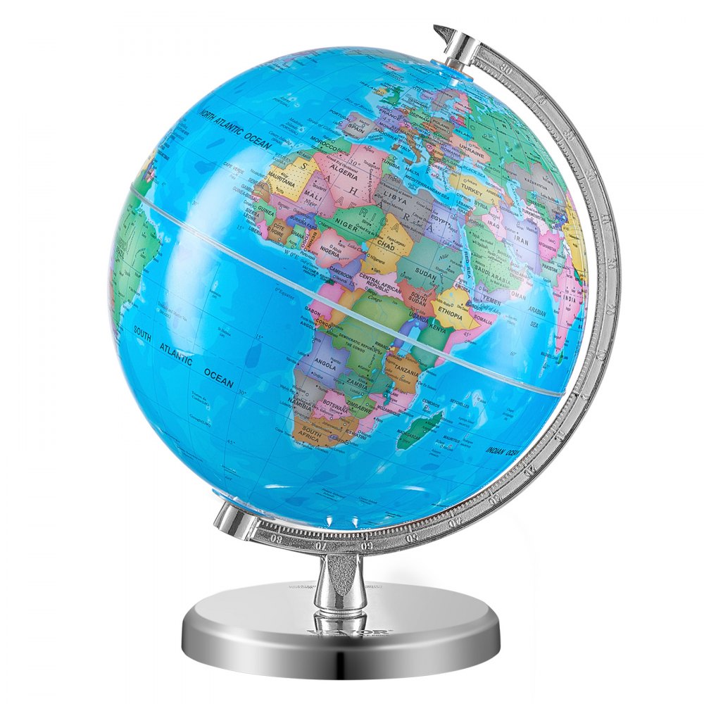 VEVOR Rotating World Globe with Stand, 8 in/203.2 mm, Educational Geographic Globe with Precise Time Zone ABS Material, 360° Spinning Globe for Kids Children Learning Classroom Geography Education (Map Language: English)