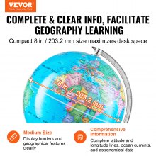 VEVOR Rotating World Globe with Stand, 8 in/203.2 mm, Educational Geographic Globe with Precise Time Zone ABS Material, 360° Spinning Globe for Kids Children Learning Classroom Geography Education