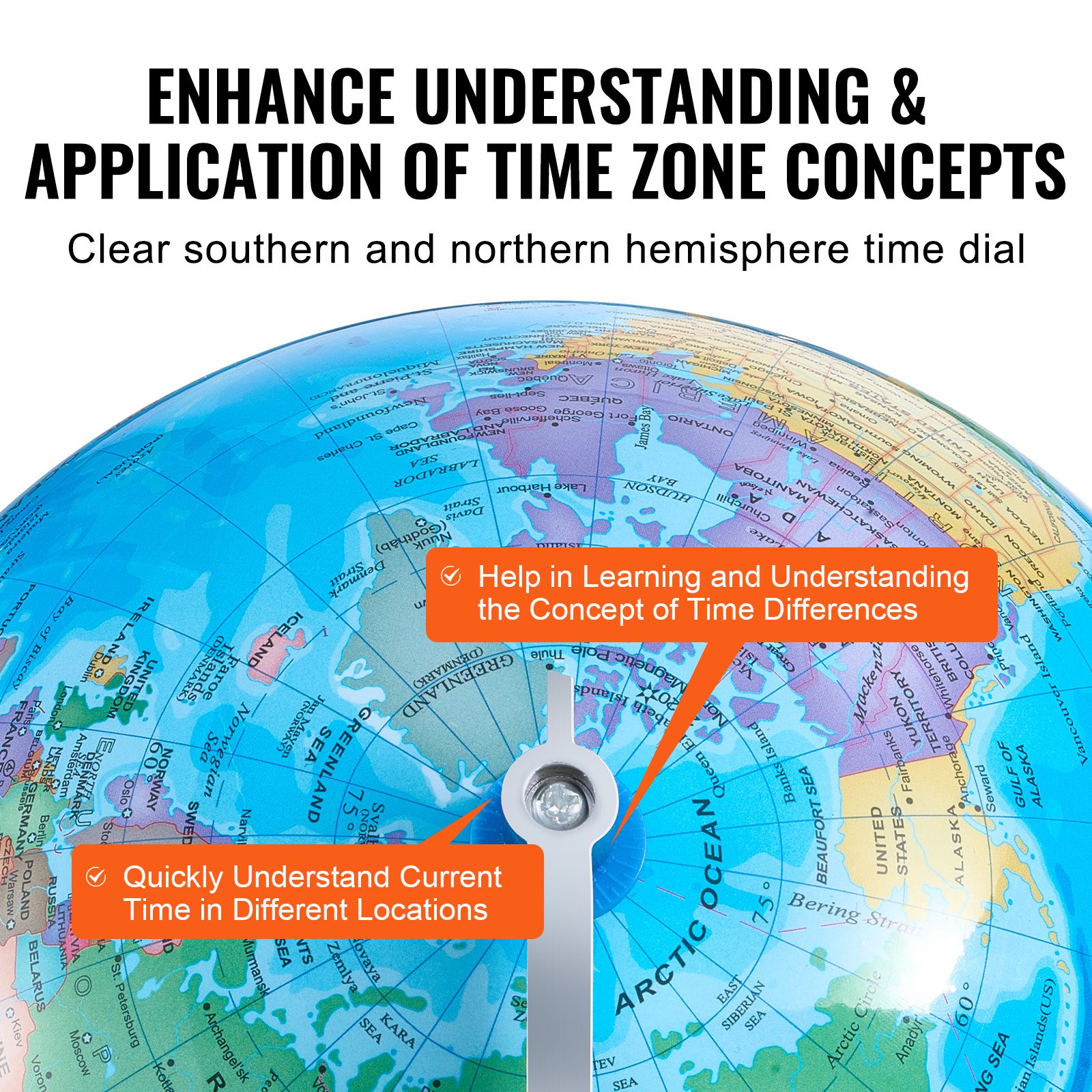 VEVOR Rotating World Globe with Stand, 8 in/203.2 mm, Educational Geographic Globe with Precise Time Zone ABS Material, 360° Spinning Globe for Kids Children Learning Classroom Geography Education (Map Language: English)