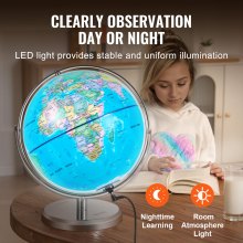 VEVOR Illuminated World Globe with Stand, 330.2 mm, Educational Earth Globe with Stable Heavy Metal Base HD Printed Map and LED Night Lighting, 720° Spinning Globe for Kids Classroom Learning