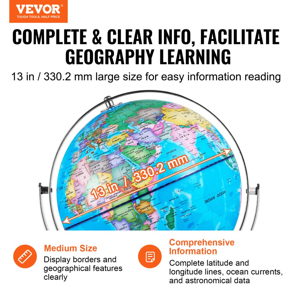 VEVOR Illuminated World Globe with Stand, 13 in/330.2 mm, Educational Earth Globe with Stable Heavy Metal Base and LED Constellation Night Light HD Printed Map, Spinning for Kids Classroom Learning (Map Language: English)