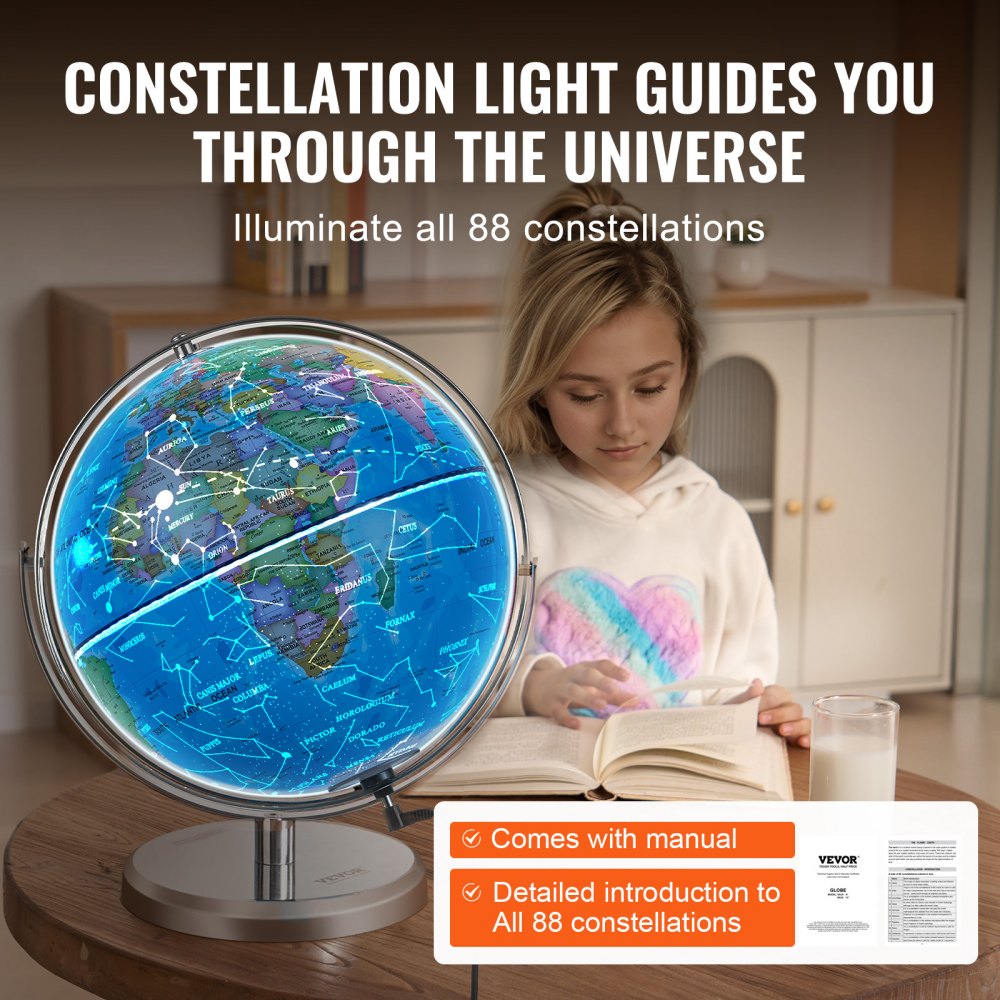 VEVOR Illuminated World Globe with Stand, 13 in/330.2 mm, Educational Earth Globe with Stable Heavy Metal Base and LED Constellation Night Light HD Printed Map, Spinning for Kids Classroom Learning (Map Language: English)