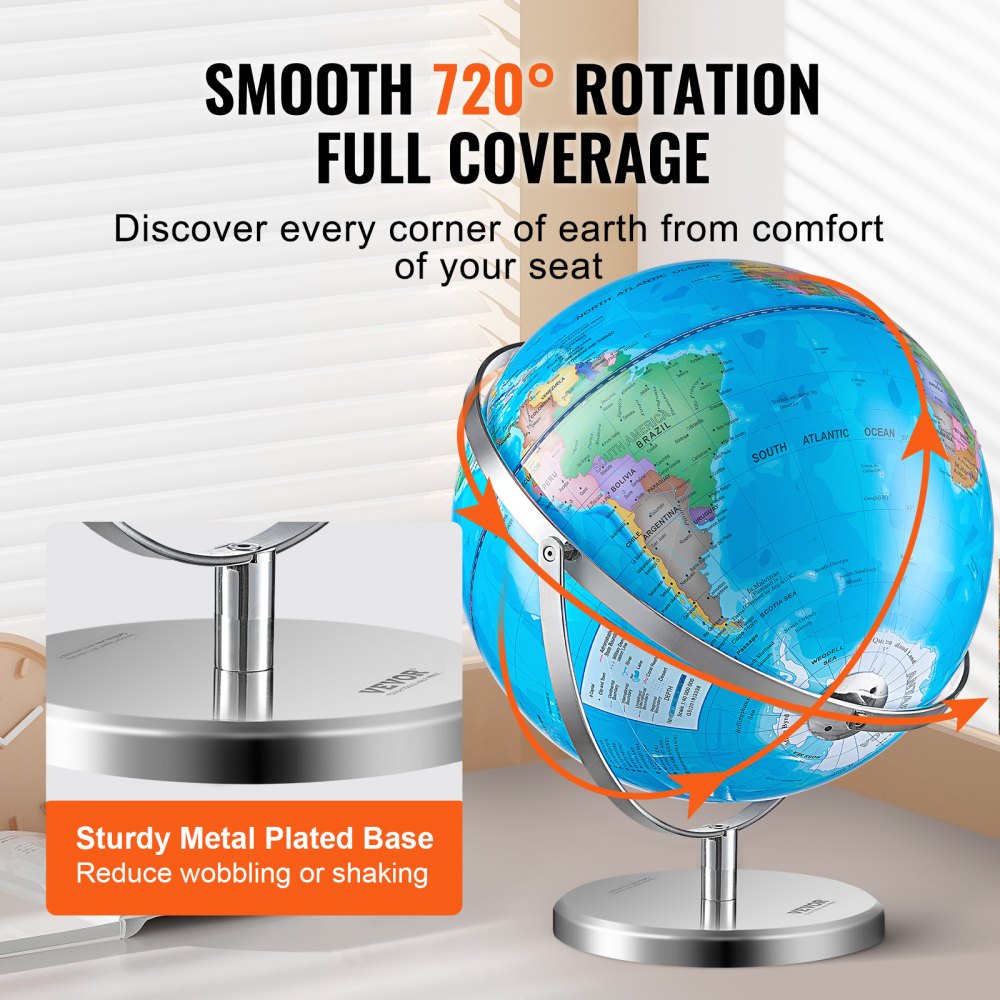 VEVOR Illuminated World Globe with Stand, 13 in/330.2 mm, Educational Earth Globe with Stable Heavy Metal Base and LED Constellation Night Light HD Printed Map, Spinning for Kids Classroom Learning (Map Language: English)