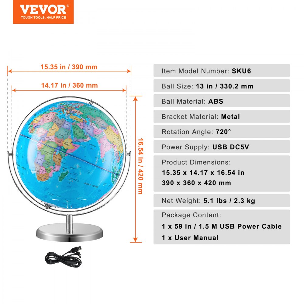 VEVOR Illuminated World Globe with Stand, 13 in/330.2 mm, Educational Earth Globe with Stable Heavy Metal Base and LED Constellation Night Light HD Printed Map, Spinning for Kids Classroom Learning (Map Language: English)