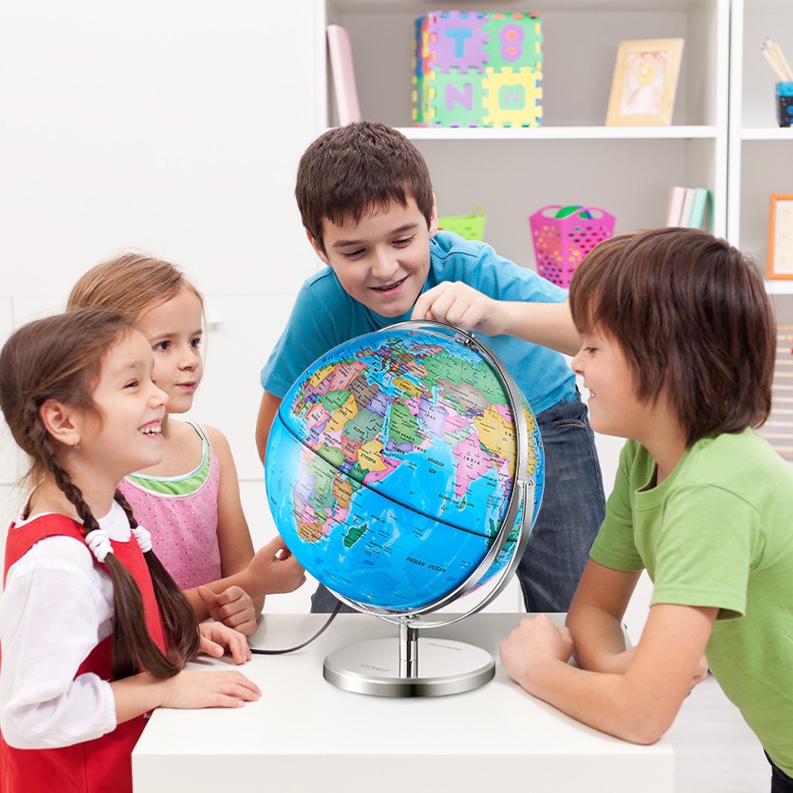 VEVOR Illuminated World Globe with Stand, 9 in/228.6 mm, Educational Earth Globe with Stable Heavy Metal Base and LED Constellation Night Light HD Printed Map, Spinning for Kids Classroom Learning (Map Language: English)