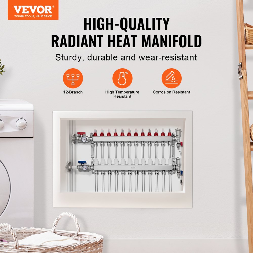 VEVOR 12-Branch Radiant Heat Manifold, 1/2" PEX Tubing Manifold, Stainless Steel PEX Manifold for Hydronic Radiant Floor Heating, Radiant Heat PEX Manifold Kit with 1/2" Adapters Included