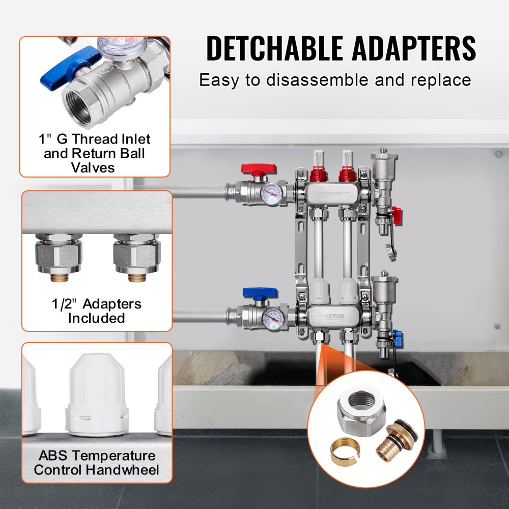 VEVOR 2-Branch Radiant Heat Manifold, 1/2" PEX Tubing Manifold, Stainless Steel PEX Manifold for Hydronic Radiant Floor Heating, Radiant Heat PEX Manifold Kit with 1/2" Adapters Included