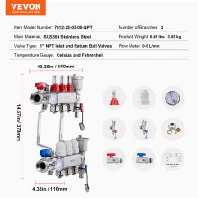 VEVOR 3-Branch Radiant Heat Manifold 1/2" PEX Tubing Floor Heating Manifold Set