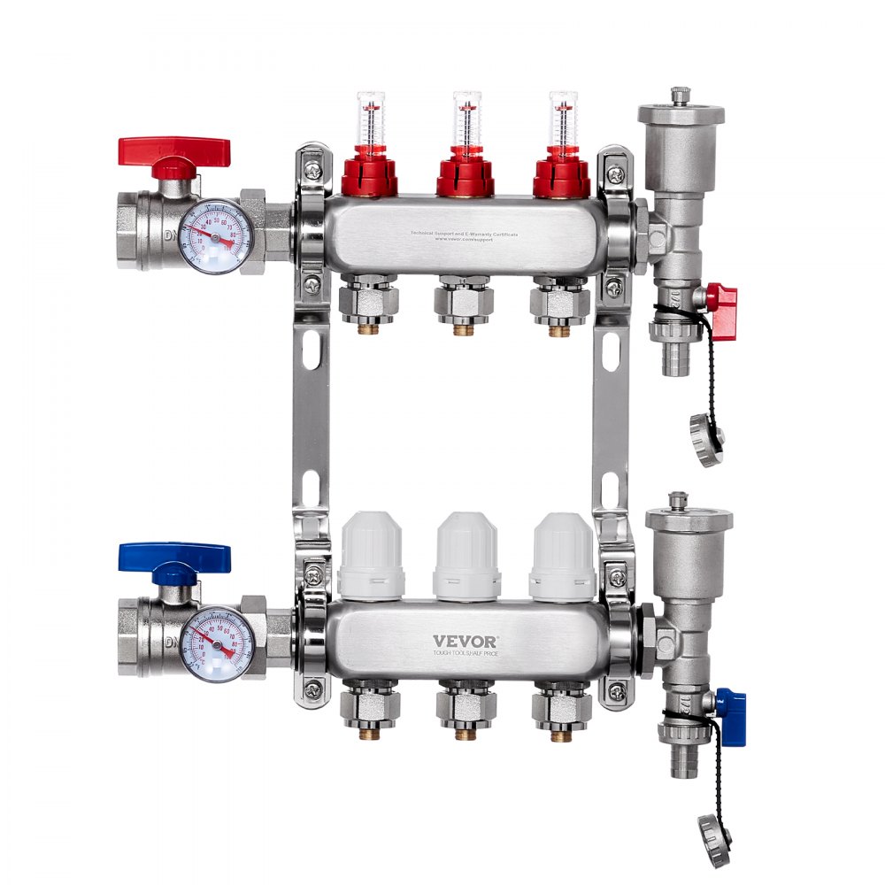 VEVOR 3-grenet strålevarmemanifold 1/2" PEX-rør gulvvarmemanifoldsett