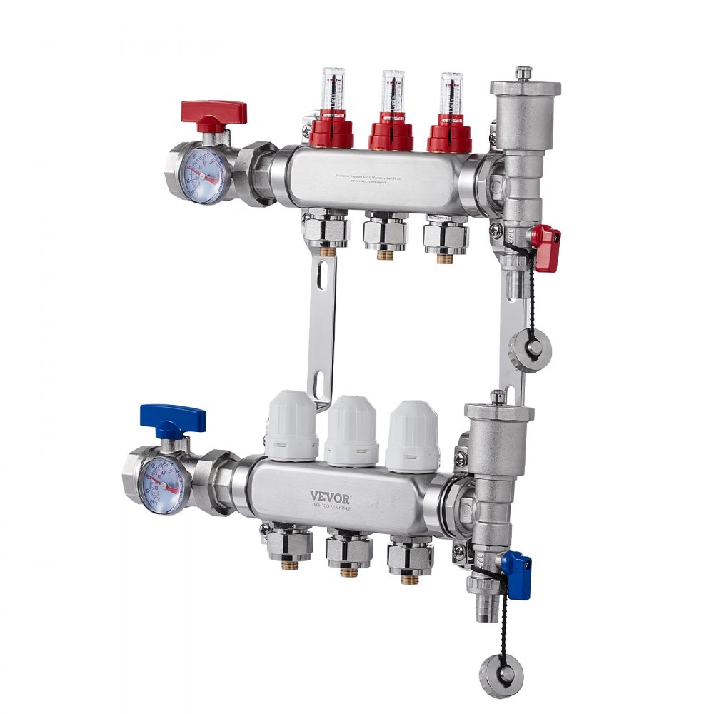 VEVOR 3-Branch Radiant Heat Manifold, 1/2" PEX Tubing Manifold, Stainless Steel PEX Manifold for Hydronic Radiant Floor Heating, Radiant Heat PEX Manifold Kit with 1/2" Adapters Included
