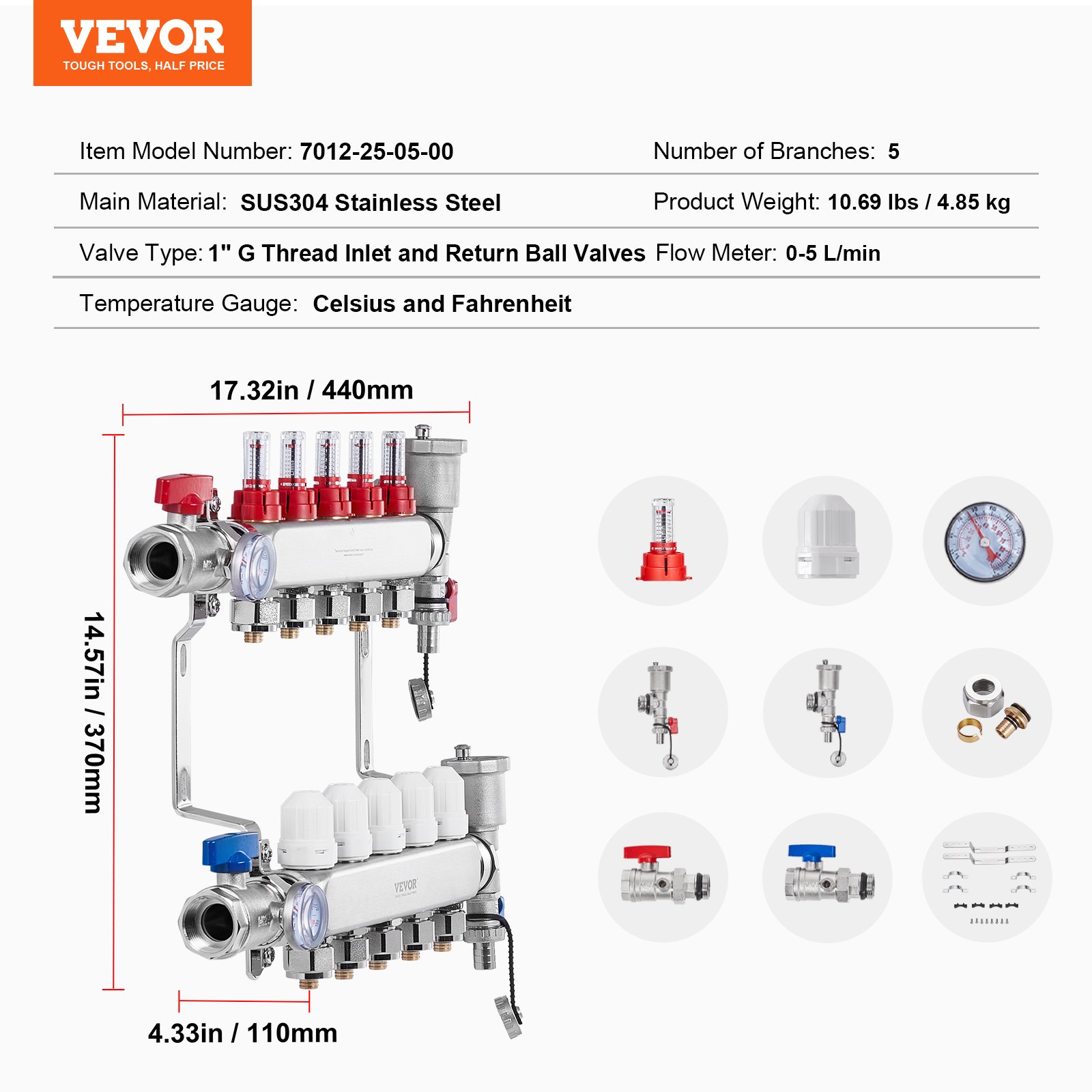 VEVOR 5-Branch Radiant Heat Manifold, 1/2" PEX Tubing Manifold, Stainless Steel PEX Manifold for Hydronic Radiant Floor Heating, Radiant Heat PEX Manifold Kit with 1/2" Adapters Included