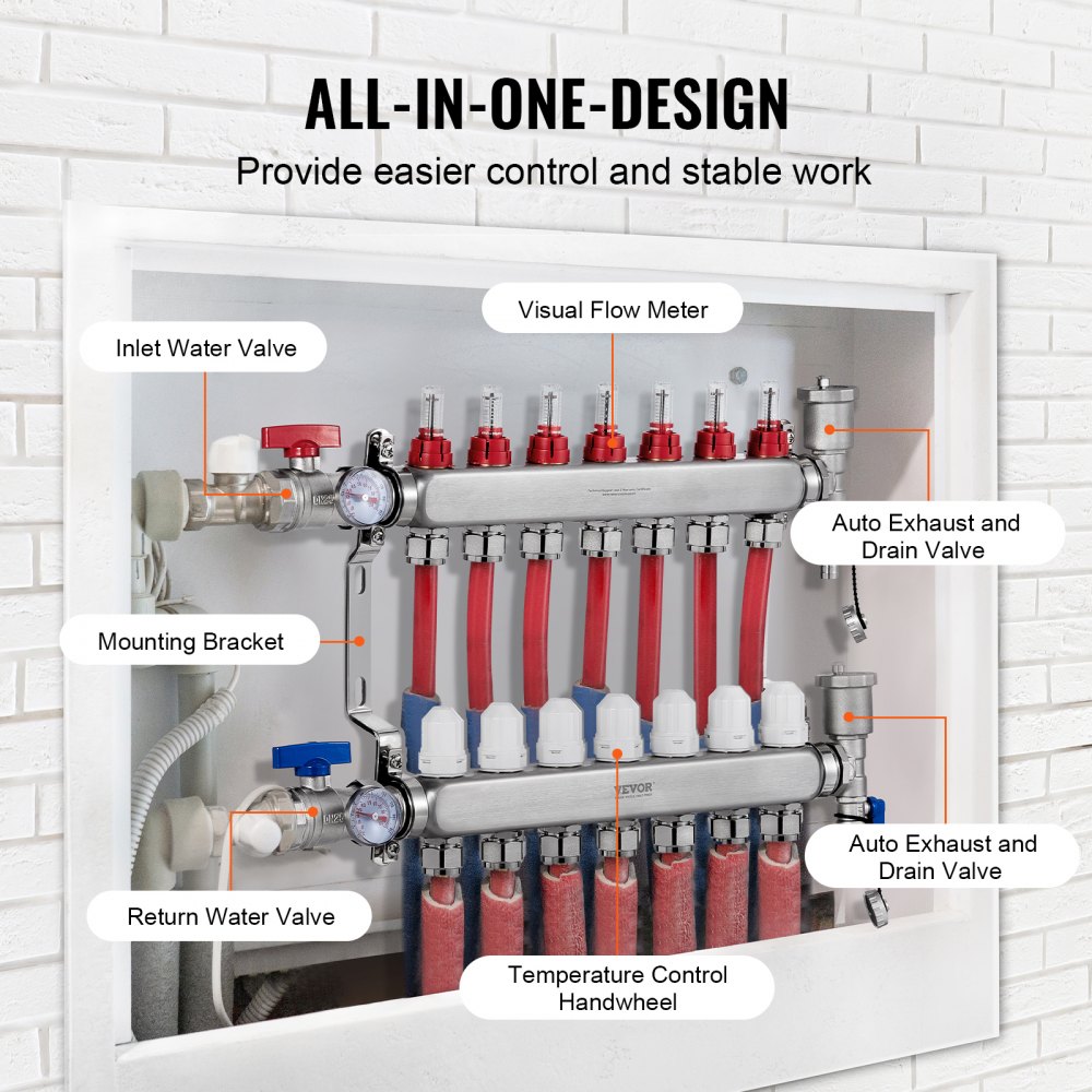 VEVOR 7-Branch Radiant Heat Manifold, 1/2" PEX Tubing Manifold, Stainless Steel PEX Manifold for Hydronic Radiant Floor Heating, Radiant Heat PEX Manifold Kit with 1/2" Adapters Included