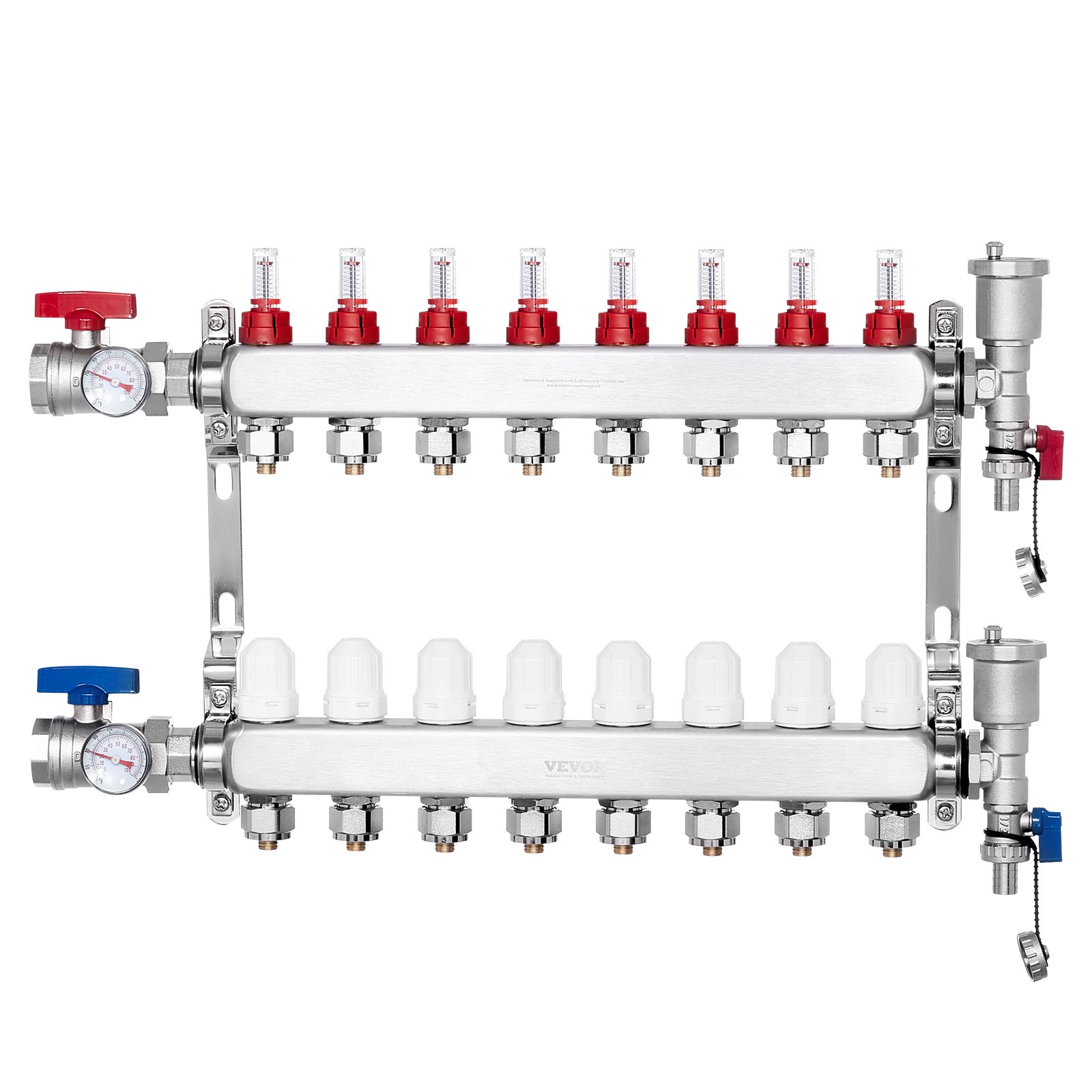 VEVOR 8-Branch Radiant Heat Manifold, 1/2" PEX Tubing Manifold, Stainless Steel PEX Manifold for Hydronic Radiant Floor Heating, Radiant Heat PEX Manifold Kit with 1/2" Adapters Included