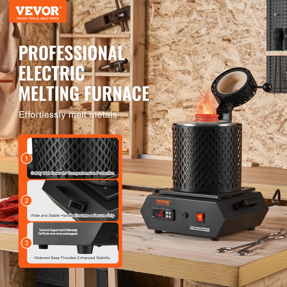 VEVOR Gold Melting Furnace, 1350W, 1150°C Max Temperature, Digital Electric Melting Furnace with 1 kg and 3 kg Ceramic Crucibles, Crucible Tongs, and Gloves, for Gold, Silver, Aluminum, Copper