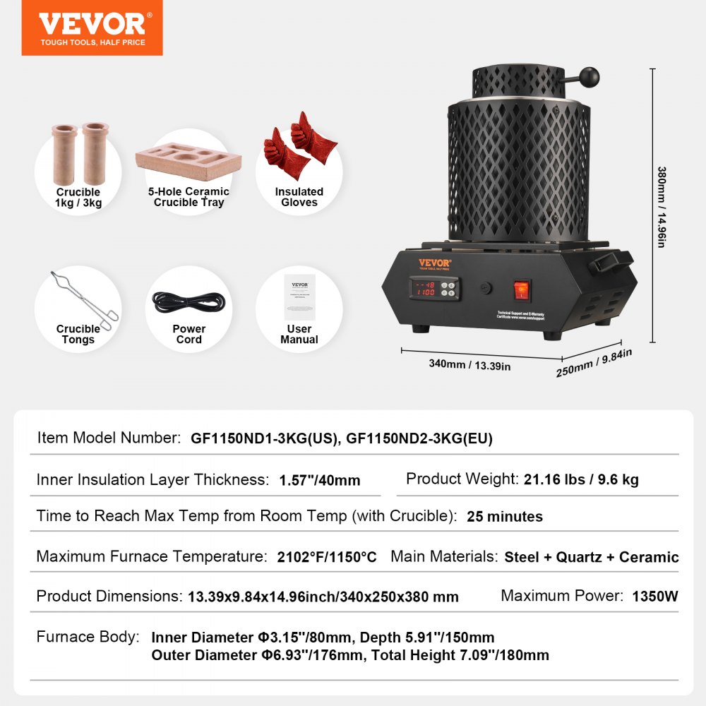 VEVOR Gold Melting Furnace, 1350W, 1150°C Max Temperature, Digital Electric Melting Furnace with 1 kg and 3 kg Ceramic Crucibles, Crucible Tongs, and Gloves, for Gold, Silver, Aluminum, Copper