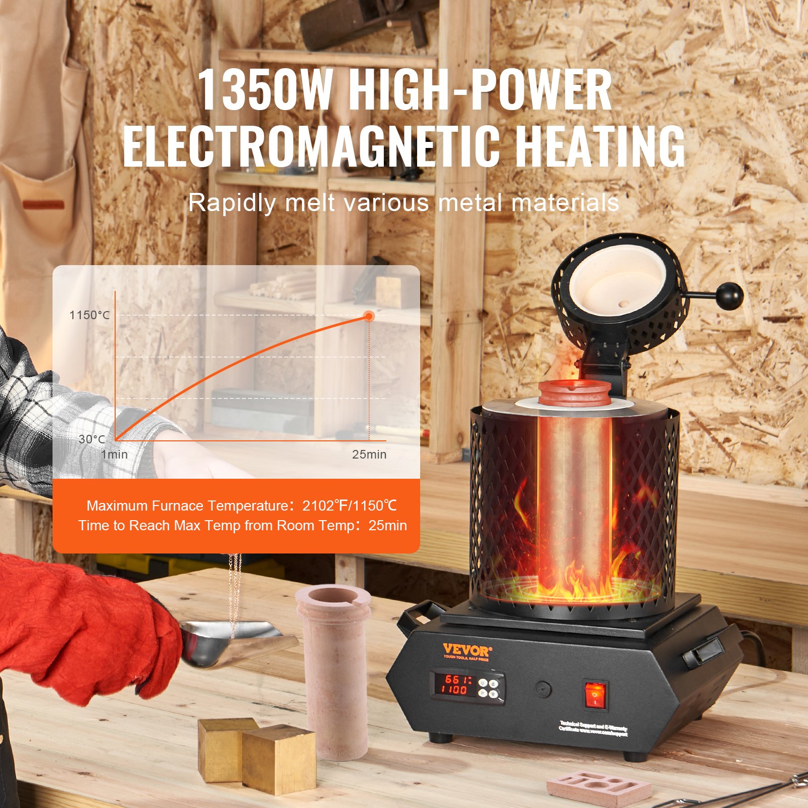 VEVOR Gold Melting Furnace, 1350W, 1150°C Max Temperature, Digital Electric Melting Furnace with 1 kg and 3 kg Ceramic Crucibles, Crucible Tongs, and Gloves, for Gold, Silver, Aluminum, Copper