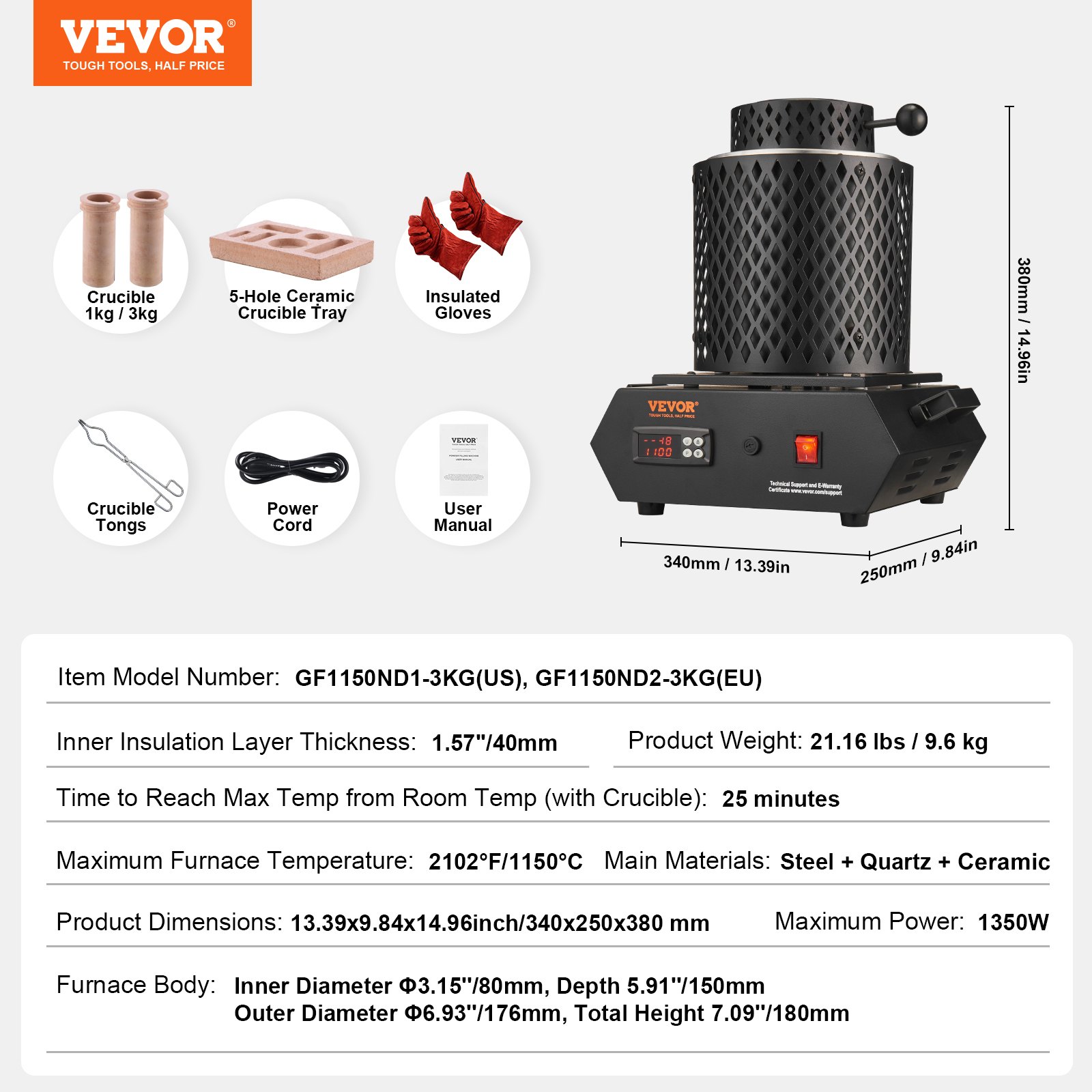 VEVOR Gold Melting Furnace, 1350W, 1150°C Max Temperature, Digital Electric Melting Furnace with 1 kg and 3 kg Ceramic Crucibles, Crucible Tongs, and Gloves, for Gold, Silver, Aluminum, Copper