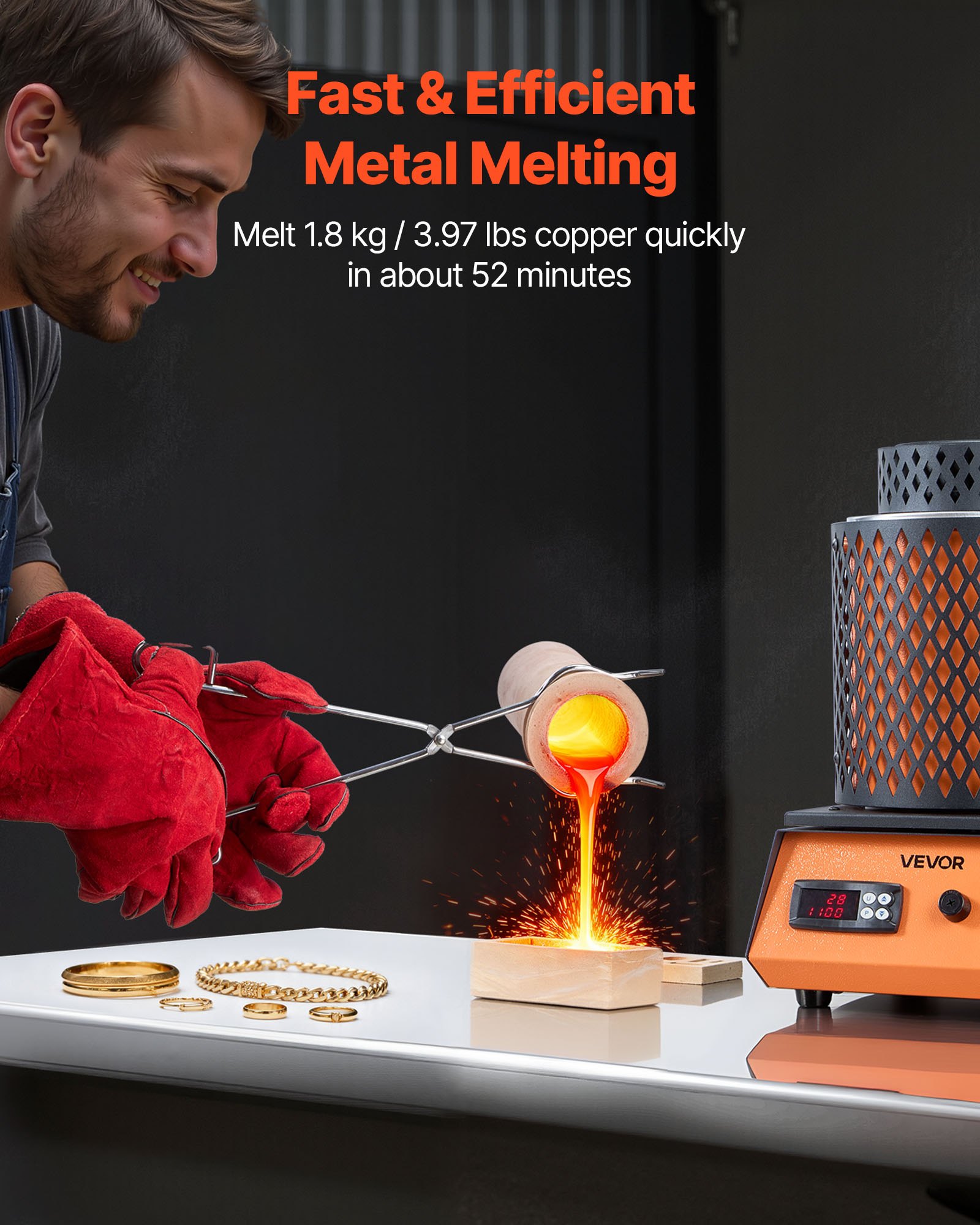 VEVOR Electric Melting Furnace, 1500W Electric Melting Furnace Kit, 2102℉/1150℃ Metal Smelting Machine with 5kg Ceramic Crucible, Gold Smelting Kit for Jewelry Making, Metal Bars, Metal Components