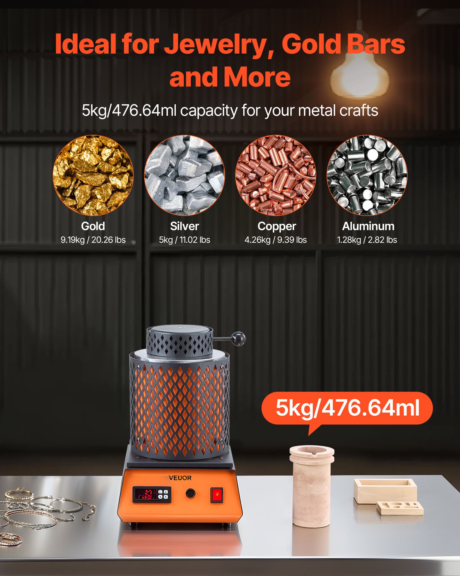 VEVOR Electric Melting Furnace, 1500W Electric Melting Furnace Kit, 2102℉/1150℃ Metal Smelting Machine with 5kg Ceramic Crucible, Gold Smelting Kit for Jewelry Making, Metal Bars, Metal Components