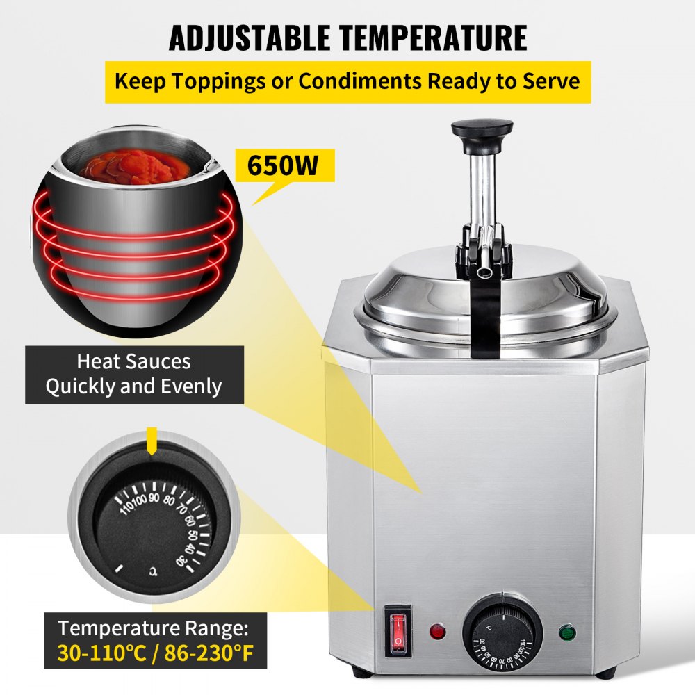 VEVOR Fudge Warmer 1 Pump Hot Cheese Pump Stainless Steel Cheese Pump 30-110°C Nacho Cheese Warmer with Heating Block Nacho Cheese Dispenser with Pump 10-30ML Per Time for Hot Fudge Cheese Caramel