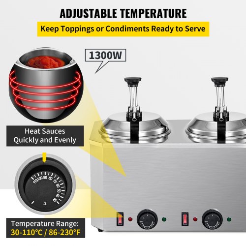 VEVOR Hot Cheese Pump Fudge Warmer 2 Pumps Stainless Steel Cheese Pump 30-110℃ Nacho Cheese Warmer with Heating Blocks Nacho Cheese Dispenser with Pump 10-30ML Per Time for Hot Fudge Cheese Caramel