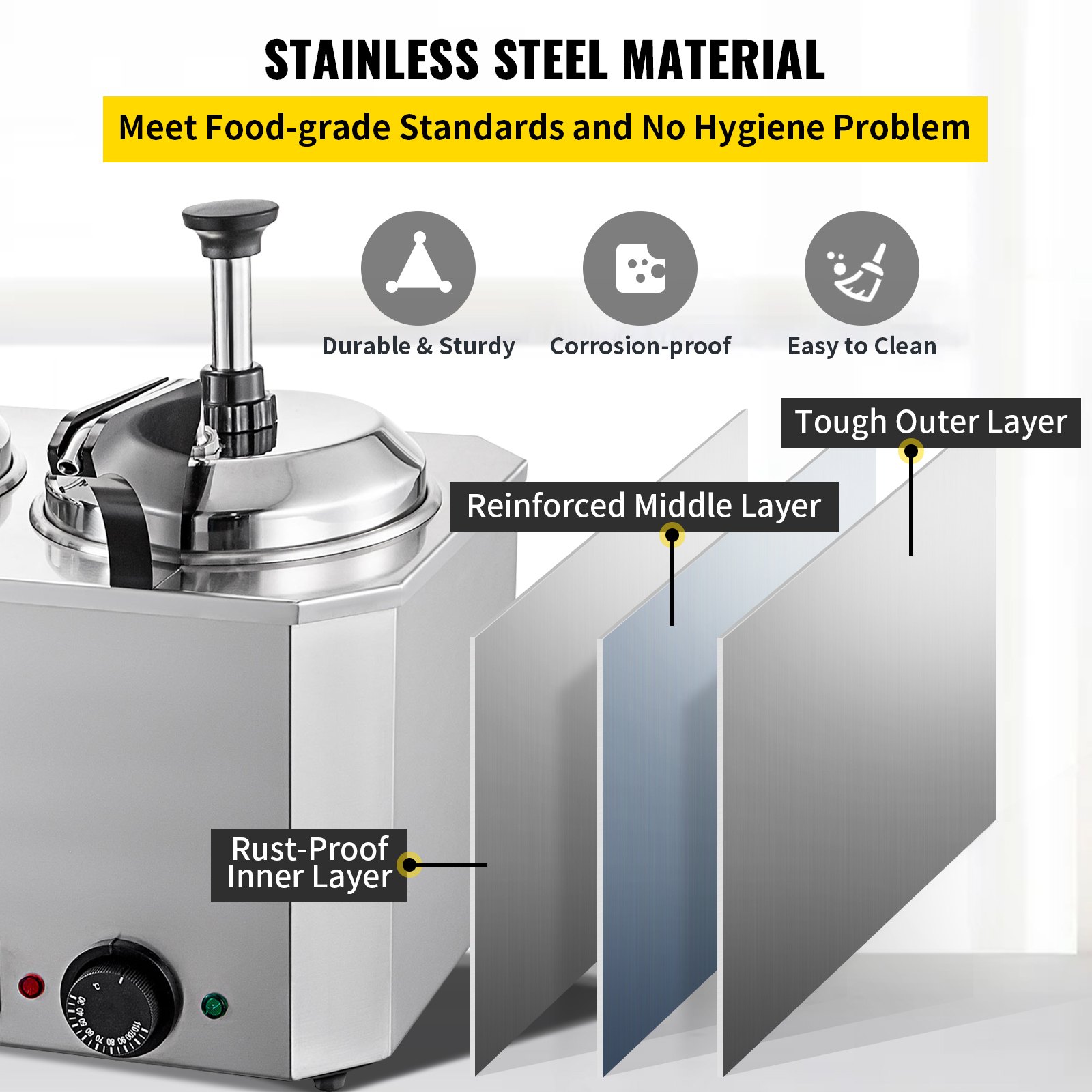VEVOR Hot Cheese Pump Fudge Warmer 2 Pumps Stainless Steel Cheese Pump 30-110°C Nacho Cheese Warmer with Heating Blocks Nacho Cheese Dispenser with Pump 10-30ML Per Time for Hot Fudge Cheese Caramel