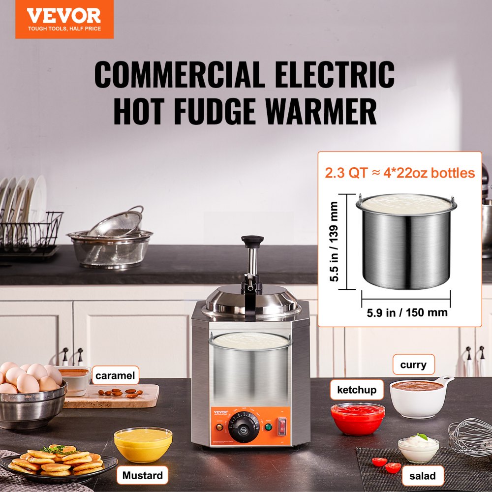 VEVOR Electric Cheese Dispenser with Pump 2.3 qt. Commercial Hot Fudge Warmer Stainless Steel Heated Pump Dispenser