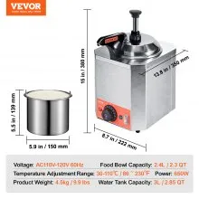VEVOR Dispensador eléctrico de queso con bomba, calentador comercial de caramelo caliente de 2,3 cuartos, dispensador de bomba calentada de acero inoxidable, calentador de salsa de queso Nacho ajustable a temperatura de 86-230 ℉, para caramelo de queso caliente