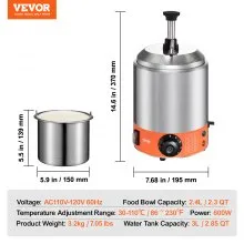 Dispensador de queso eléctrico VEVOR con bomba, calentador comercial de salsa de queso caliente de 2,3 cuartos de galón, dispensador de bomba de acero inoxidable, temperatura ajustable de 86 a 230 ℉, calentador de salsa de queso nacho, para salsa de queso caliente y caramelo