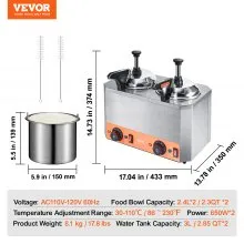 VEVOR Dispensador eléctrico de queso con bombas, calentador comercial de caramelo caliente de 2,3 x 2 cuartos, dispensador de bomba doble calentado de acero inoxidable, calentador de queso Nacho ajustable a temperatura de 86-230 ℉ para caramelo de queso dulce
