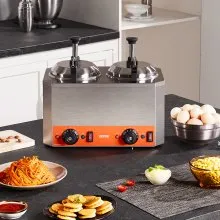VEVOR Dispensador eléctrico de queso con bombas, calentador comercial de caramelo caliente de 2,3 x 2 cuartos, dispensador de bomba doble calentado de acero inoxidable, calentador de queso Nacho ajustable a temperatura de 86-230 ℉ para caramelo de queso dulce