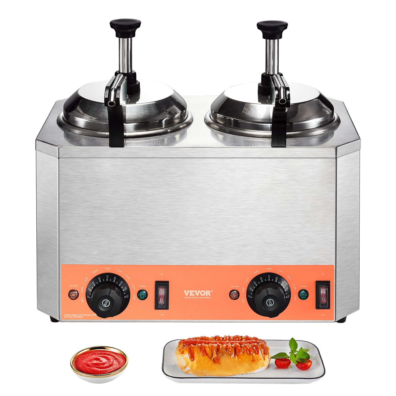 VEVOR Electric Cheese Dispenser with Pumps, 2.3x2 Qt Commercial Hot Fudge Warmer, Stainless Steel Heated Double Pumps Dispenser, 86-230℉ Temp Adjustable Nacho Cheese Warmer for Fudge Cheese Caramel