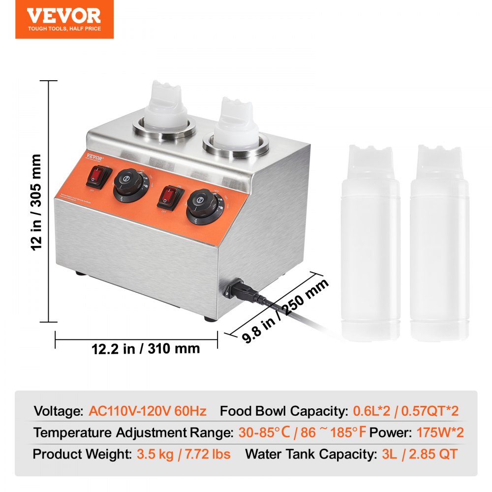 VEVOR Electric Bottle Warmer with Bottles, 0.57x2 Qt Commercial Cheese Dispenser, Hot Fudge Warmer 86-185℉ Temp Adjustable, Plastic Double Bottles Nacho Cheese Warmer, for Hot Fudge Cheese Caramel