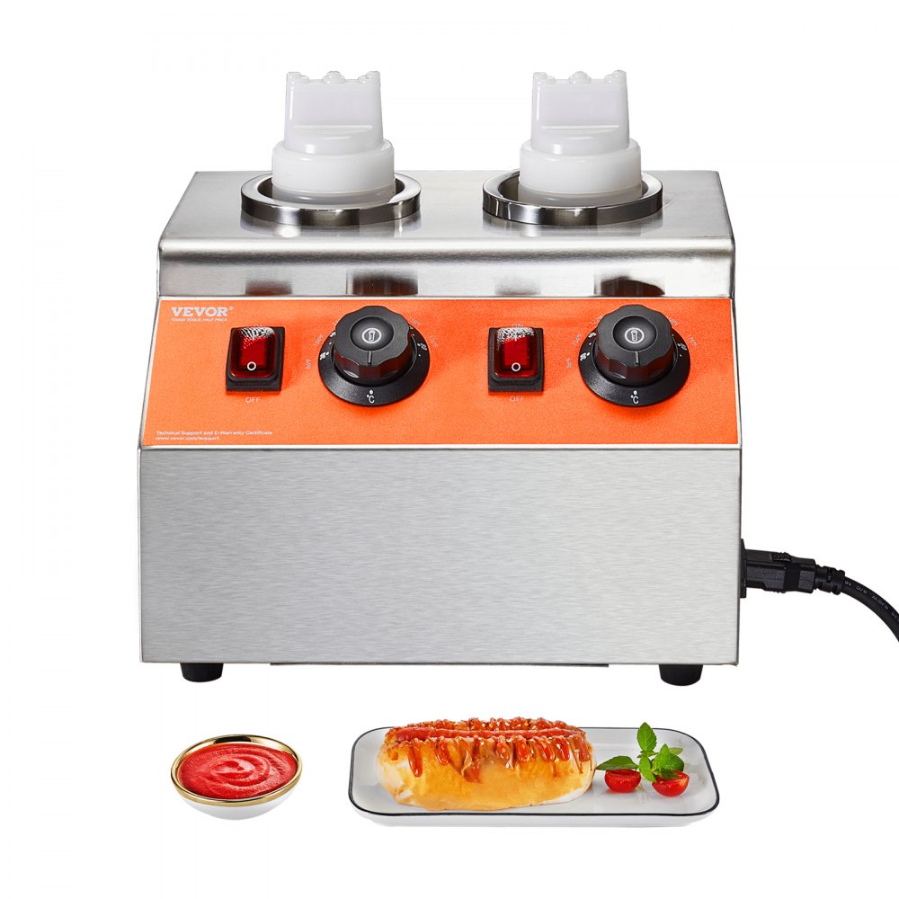 VEVOR Electric Bottle Warmer with Bottles, 0.57x2 Qt Commercial Cheese Dispenser, Hot Fudge Warmer 86-185℉ Temp Adjustable, Plastic Double Bottles Nacho Cheese Warmer, for Hot Fudge Cheese Caramel