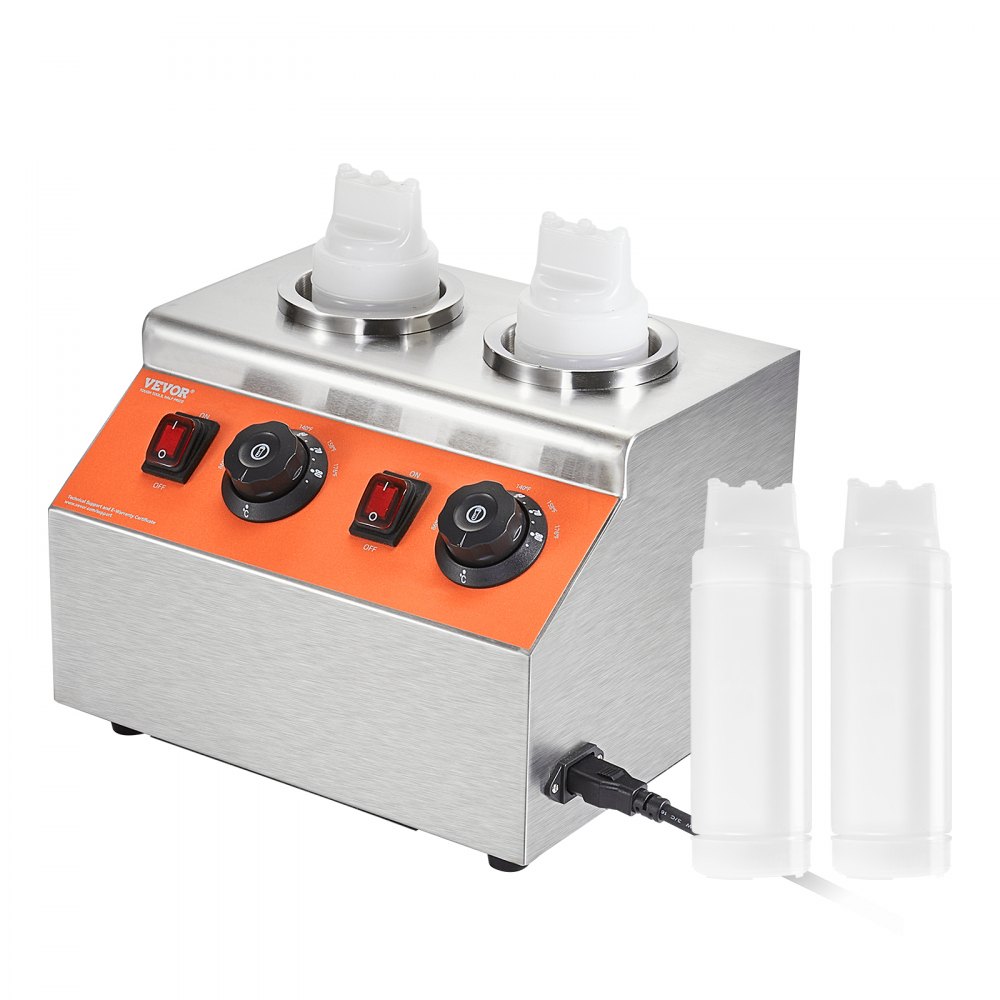 VEVOR Electric Bottle Warmer with Bottles, 0.57x2 Qt Commercial Cheese Dispenser, Hot Fudge Warmer 86-185℉ Temp Adjustable, Plastic Double Bottles Nacho Cheese Warmer, for Hot Fudge Cheese Caramel