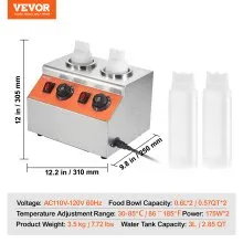 VEVOR Calentador de botellas eléctrico con botellas, dispensador de queso comercial de 0,57 x 2 cuartos de galón, calentador de caramelo caliente 86-185 ℉ temperatura ajustable, botellas dobles de plástico, calentador de queso Nacho, para caramelo de queso caliente