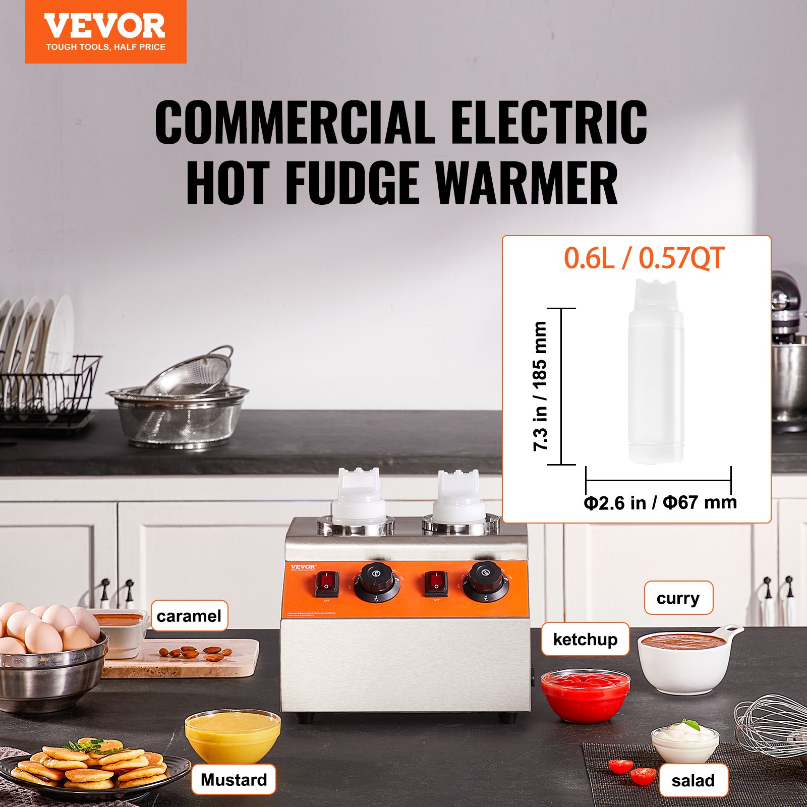 VEVOR Electric Bottle Warmer with Bottles, 0.57x2 Qt Commercial Cheese Dispenser, Hot Fudge Warmer 86-185℉ Temp Adjustable, Plastic Double Bottles Nacho Cheese Warmer, for Hot Fudge Cheese Caramel