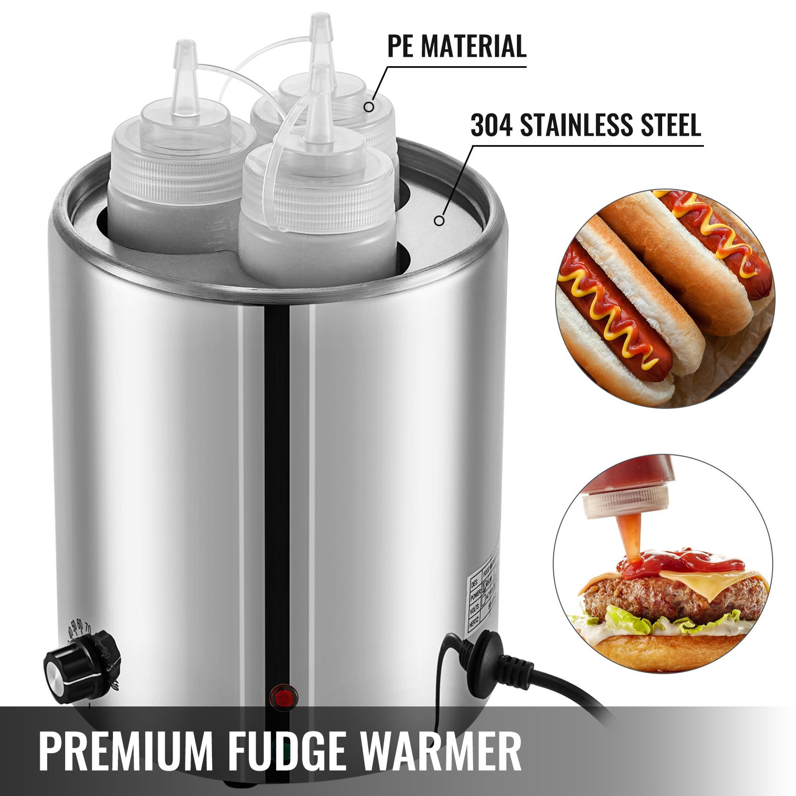 VEVOR Hot Fudge Warmer Hot Fudge Dispenser with Three 0.5 QT Squeeze Bottle 650W