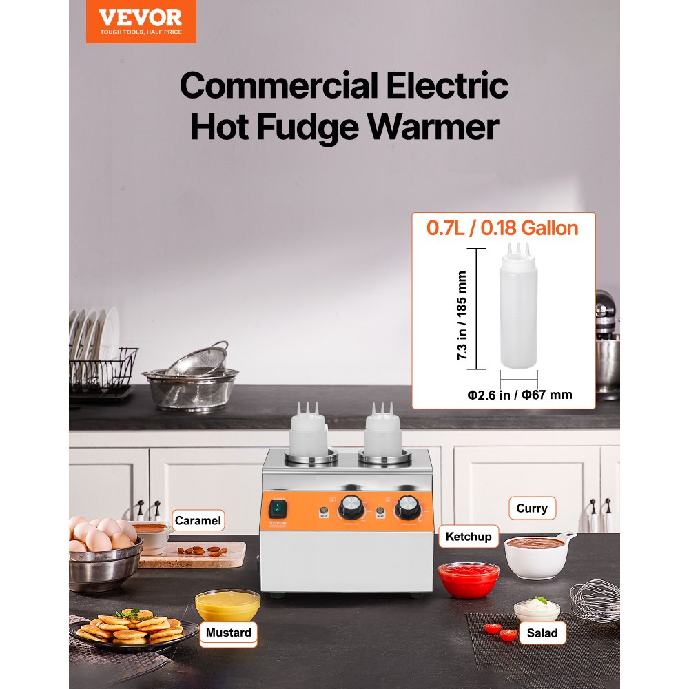 VEVOR Electric Bottle Warmer with Bottles, 0.8x2 LCommercial Cheese Dispenser, Hot Fudge Warmer 86-185℉ Temp Adjustable, Plastic Double Bottles Nacho Cheese Warmer, for Hot Fudge Cheese Caramel