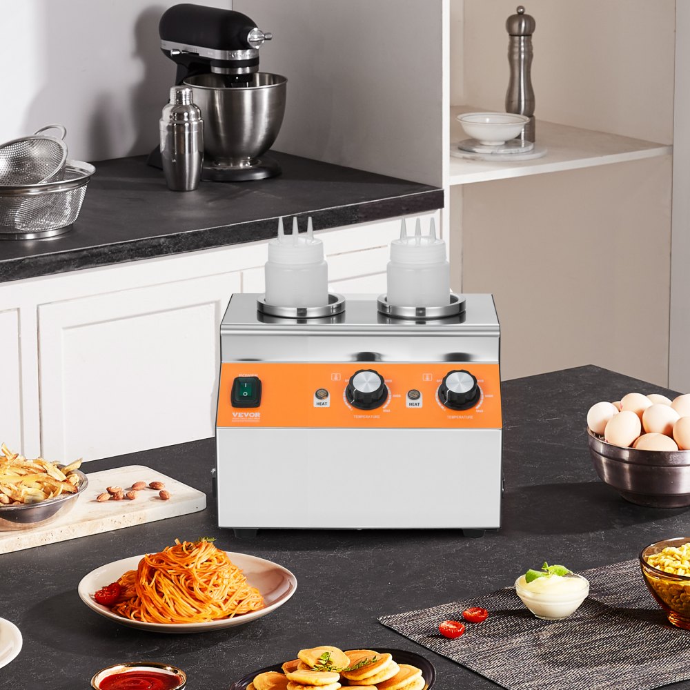 VEVOR Electric Bottle Warmer with Bottles, 0.8x2 LCommercial Cheese Dispenser, Hot Fudge Warmer 86-185℉ Temp Adjustable, Plastic Double Bottles Nacho Cheese Warmer, for Hot Fudge Cheese Caramel