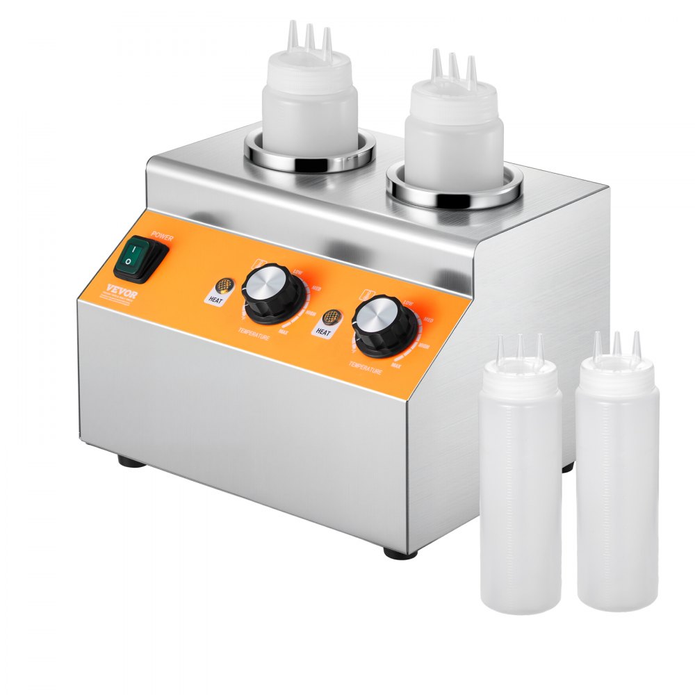 VEVOR Electric Bottle Warmer with Bottles, 0.8x2 LCommercial Cheese Dispenser, Hot Fudge Warmer 86-185℉ Temp Adjustable, Plastic Double Bottles Nacho Cheese Warmer, for Hot Fudge Cheese Caramel
