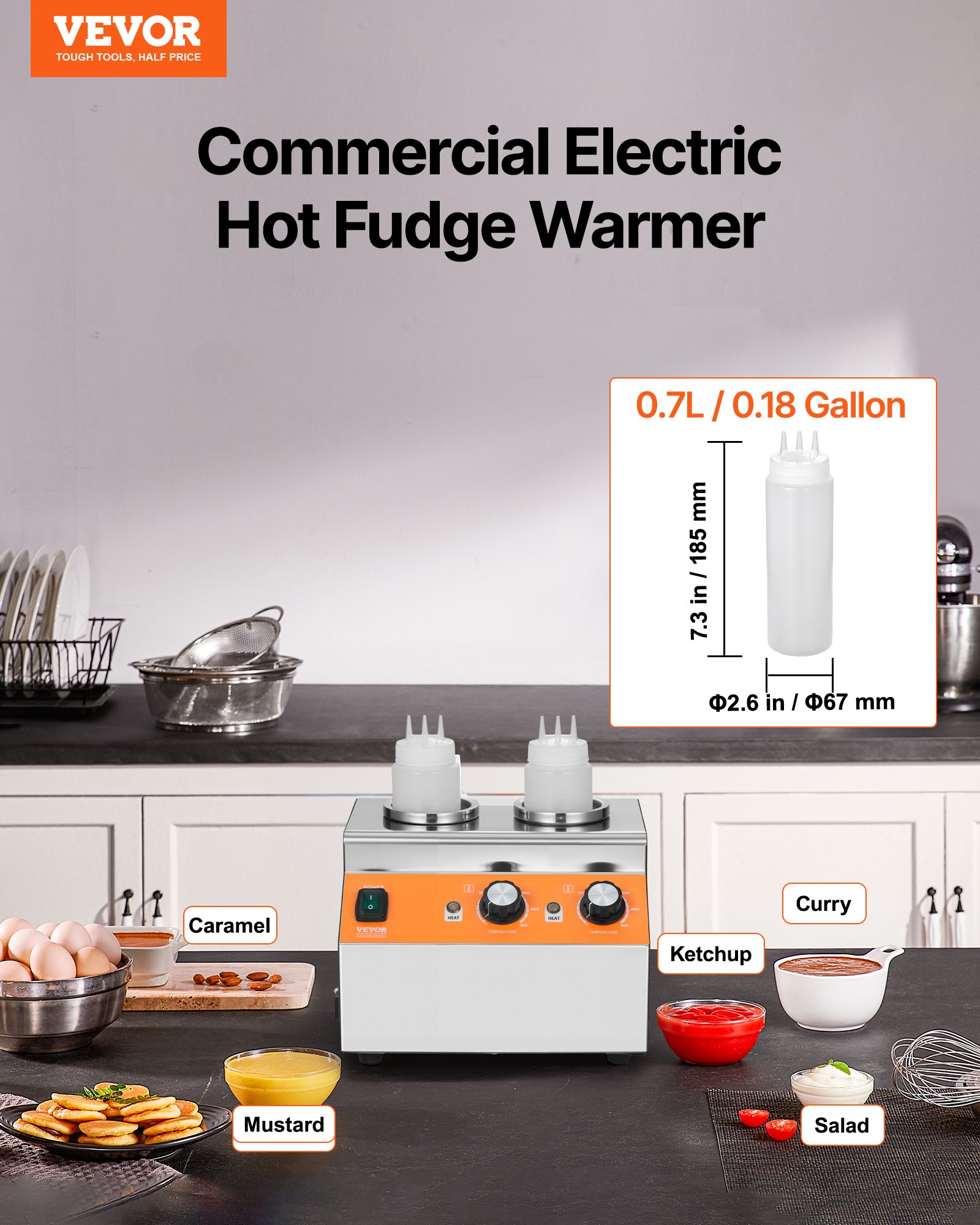 VEVOR Electric Bottle Warmer with Bottles, 0.8x2 LCommercial Cheese Dispenser, Hot Fudge Warmer 86-185℉ Temp Adjustable, Plastic Double Bottles Nacho Cheese Warmer, for Hot Fudge Cheese Caramel