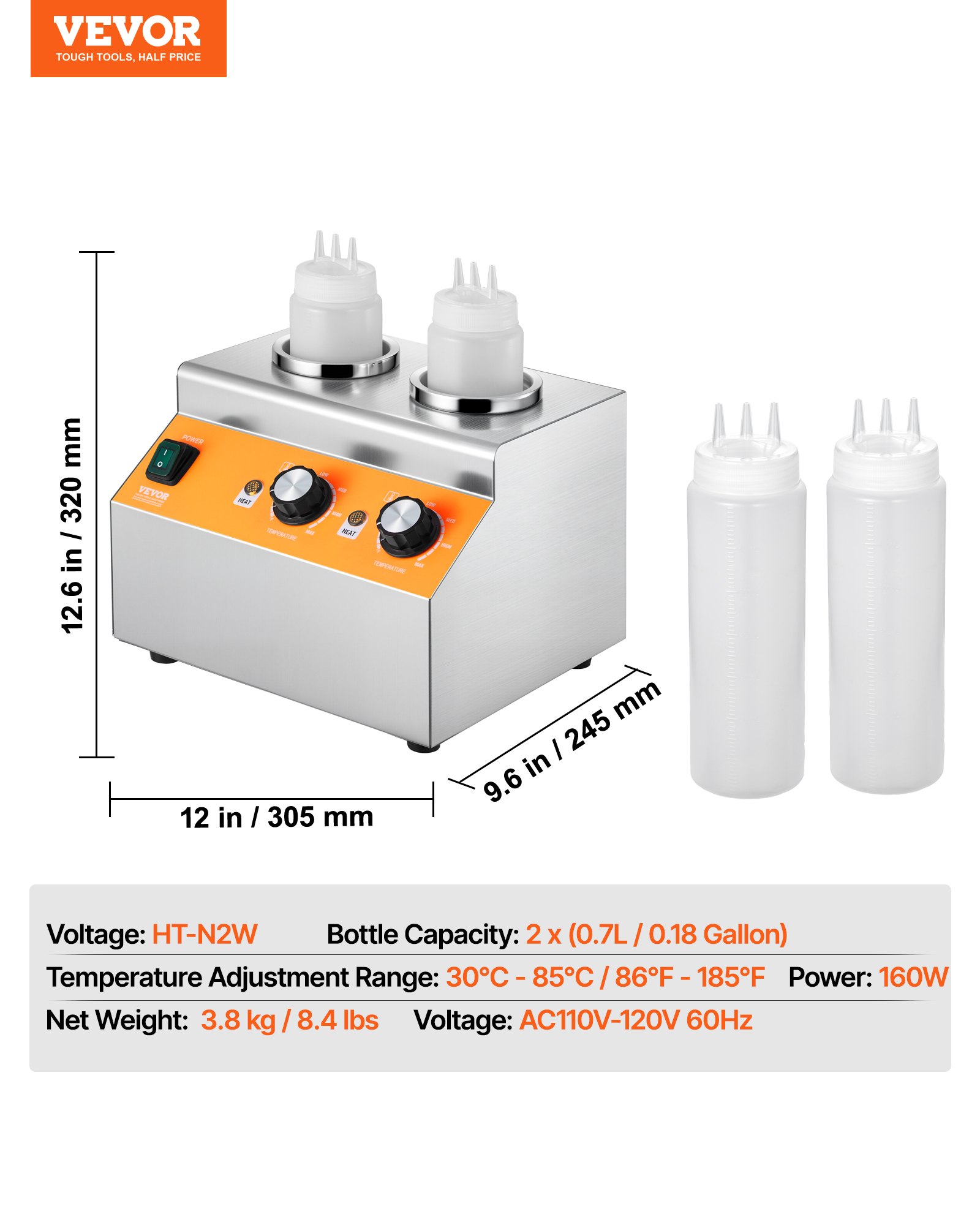 VEVOR Electric Bottle Warmer with Bottles, 0.8x2 LCommercial Cheese Dispenser, Hot Fudge Warmer 86-185℉ Temp Adjustable, Plastic Double Bottles Nacho Cheese Warmer, for Hot Fudge Cheese Caramel