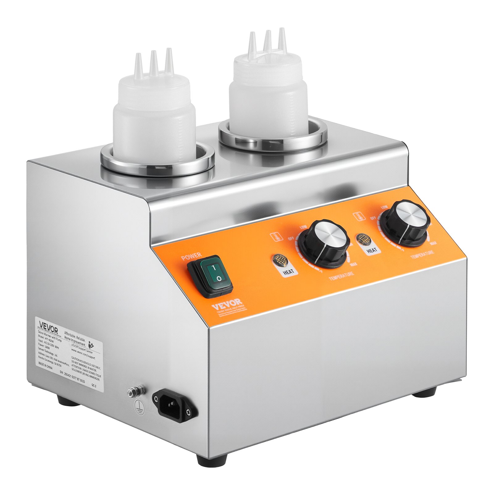 VEVOR Electric Bottle Warmer with Bottles, 0.8x2 LCommercial Cheese Dispenser, Hot Fudge Warmer 86-185℉ Temp Adjustable, Plastic Double Bottles Nacho Cheese Warmer, for Hot Fudge Cheese Caramel